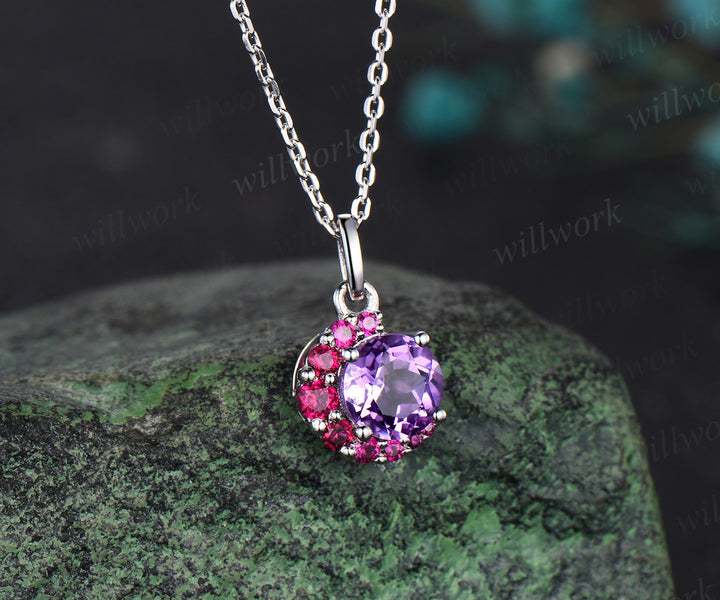 Dainty round cut natural amethyst necklace unique ruby moon pendant February birthstone gifts for women