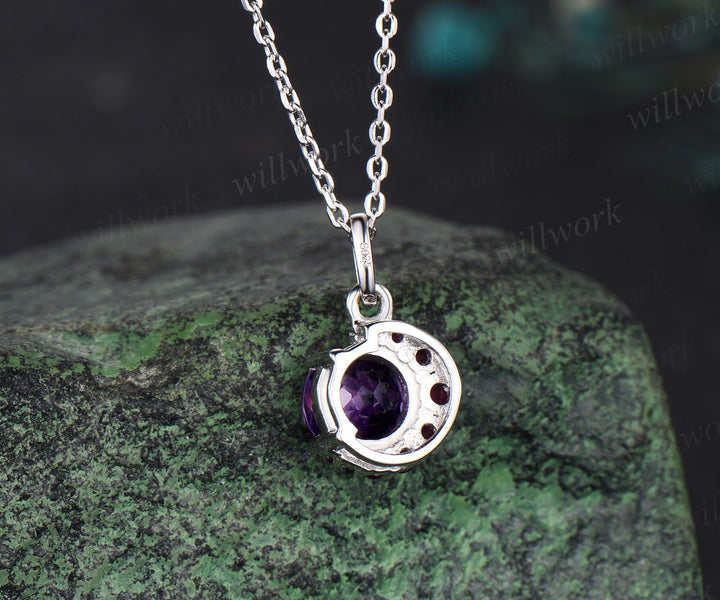 Dainty round cut natural amethyst necklace unique ruby moon pendant February birthstone gifts for women