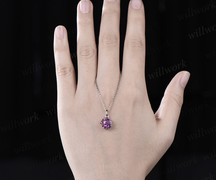 Dainty round cut natural amethyst necklace unique ruby moon pendant February birthstone gifts for women