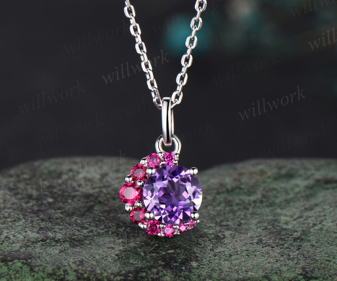 Dainty round cut natural amethyst necklace unique ruby moon pendant February birthstone gifts for women