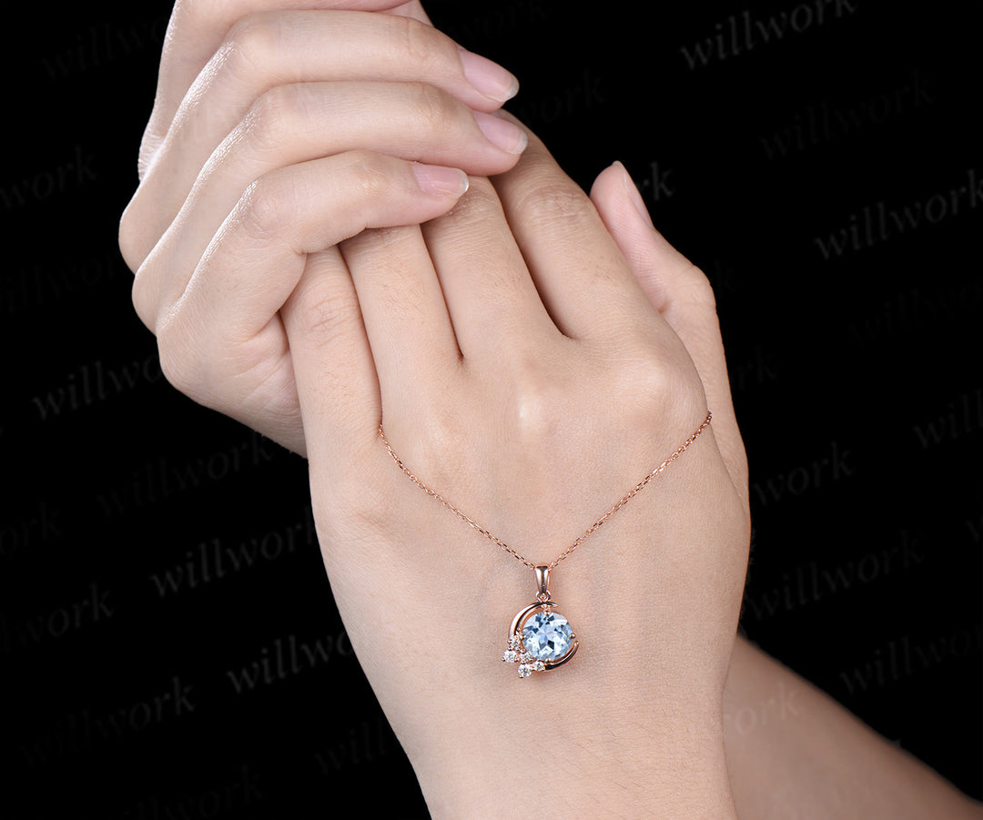 Vintage round natural aquamarine necklace solid rose gold cluster moon snowdrift diamond pendant women March birthstone gifts