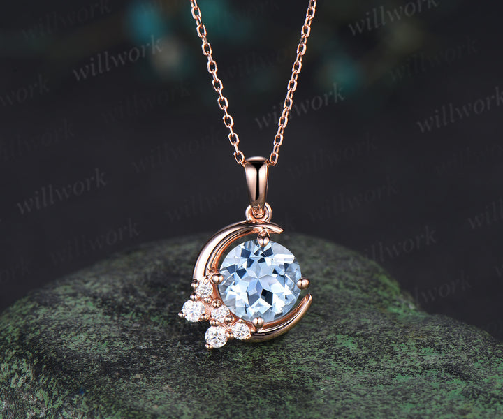 Vintage round natural aquamarine necklace solid rose gold cluster moon snowdrift diamond pendant women March birthstone gifts