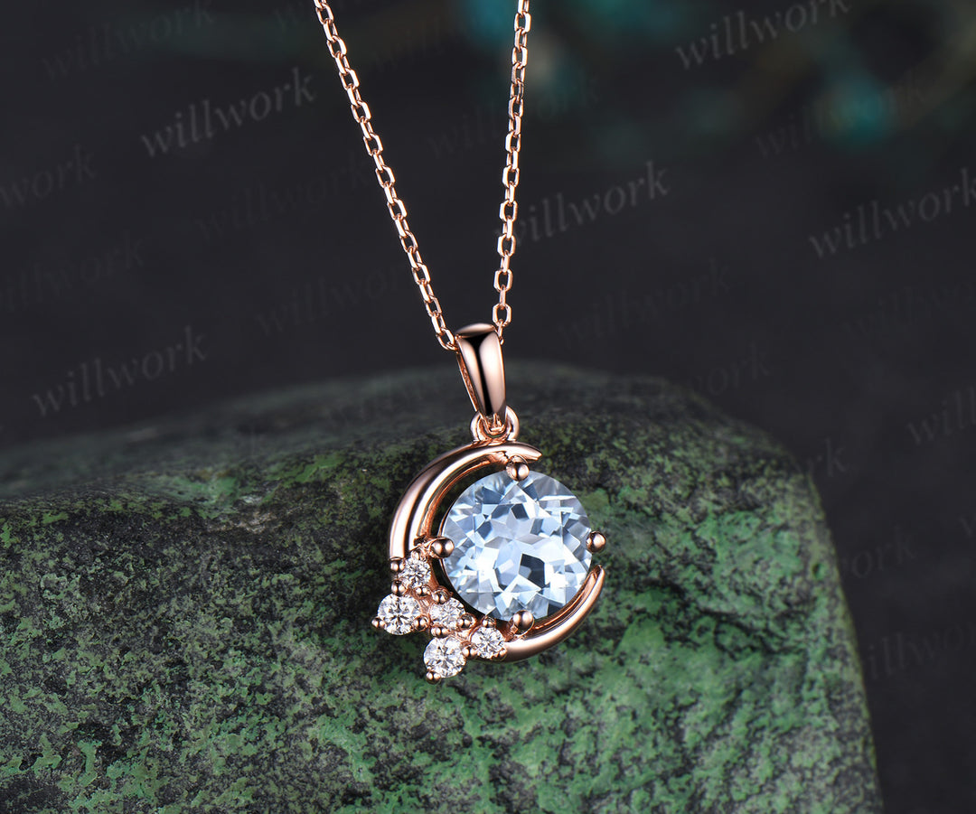 Vintage round natural aquamarine necklace solid rose gold cluster moon snowdrift diamond pendant women March birthstone gifts