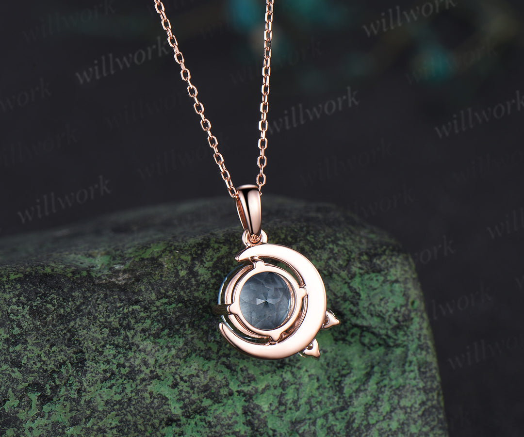 Vintage round natural aquamarine necklace solid rose gold cluster moon snowdrift diamond pendant women March birthstone gifts