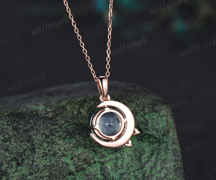 Vintage round natural aquamarine necklace solid rose gold cluster moon snowdrift diamond pendant women March birthstone gifts