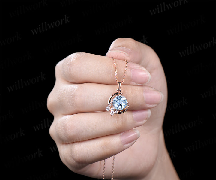 Vintage round natural aquamarine necklace solid rose gold cluster moon snowdrift diamond pendant women March birthstone gifts
