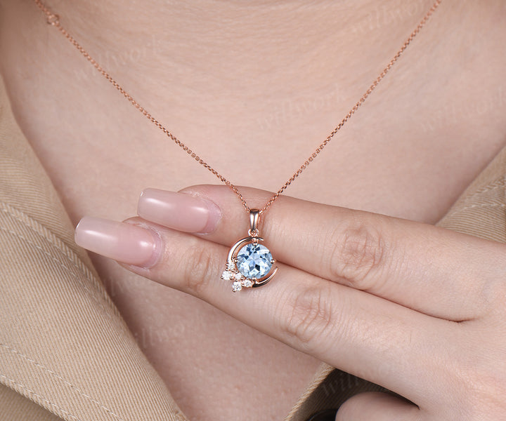 Vintage round natural aquamarine necklace solid rose gold cluster moon snowdrift diamond pendant women March birthstone gifts