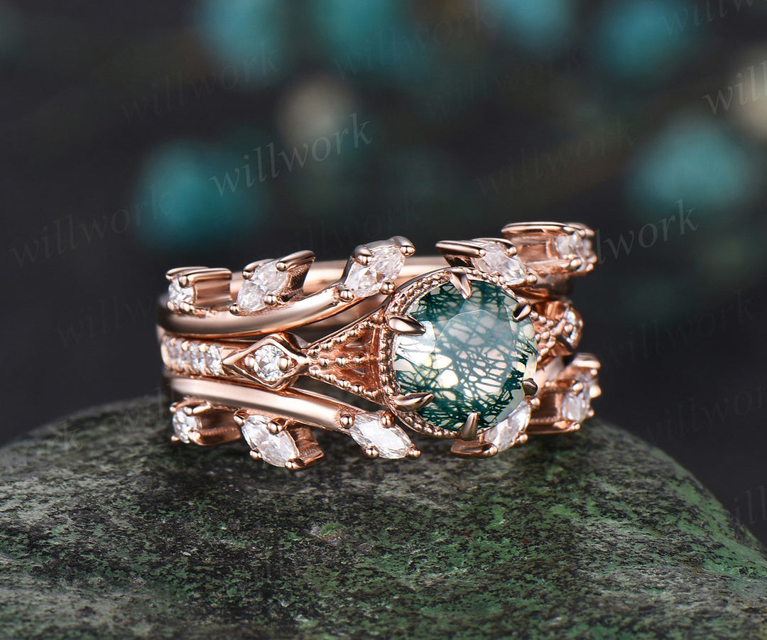 Round moss agate ring set unique milgrain moss agate engagement ring twig leaf marquise moissanite band enhancer nature-inspired bridal set