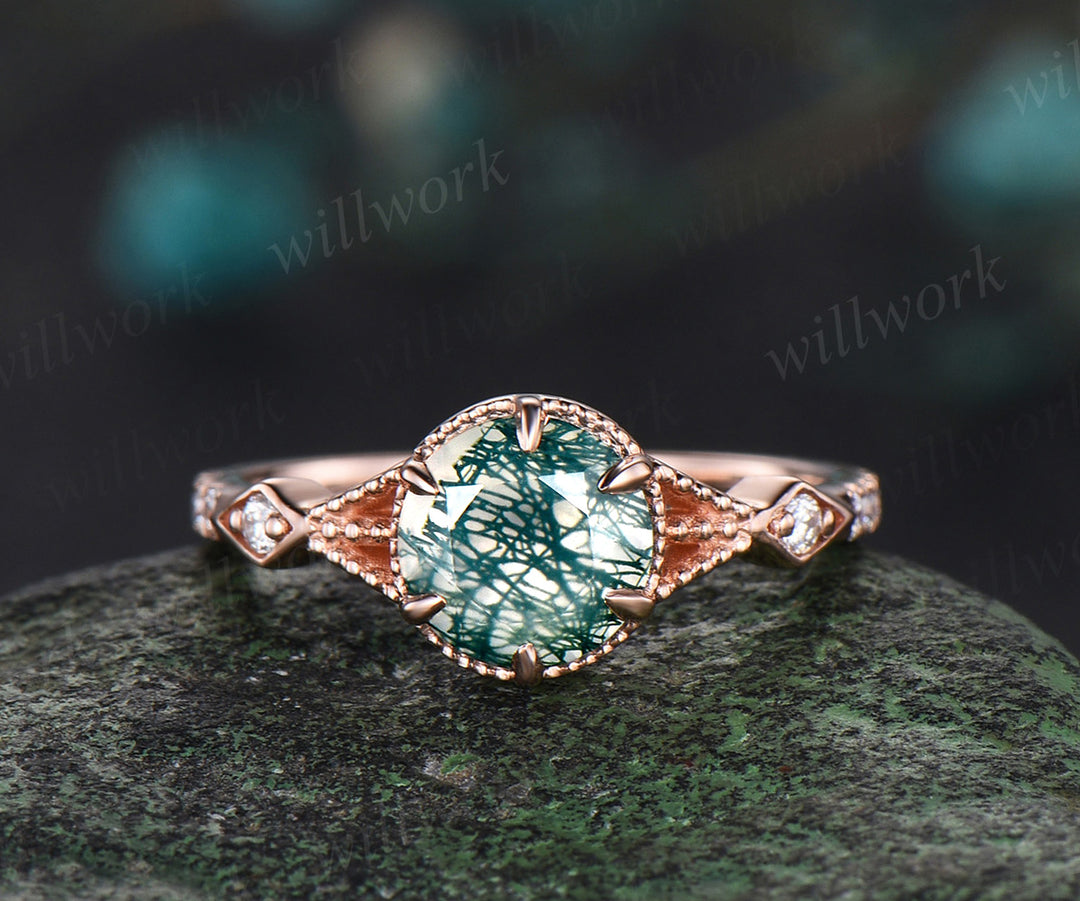 Round moss agate ring set unique milgrain moss agate engagement ring twig leaf marquise moissanite band enhancer nature-inspired bridal set