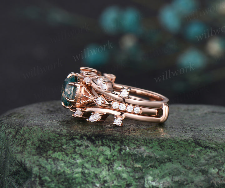 Round moss agate ring set unique milgrain moss agate engagement ring twig leaf marquise moissanite band enhancer nature-inspired bridal set
