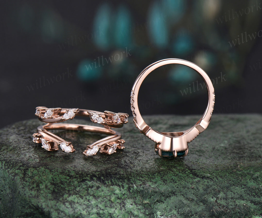 Round moss agate ring set unique milgrain moss agate engagement ring twig leaf marquise moissanite band enhancer nature-inspired bridal set