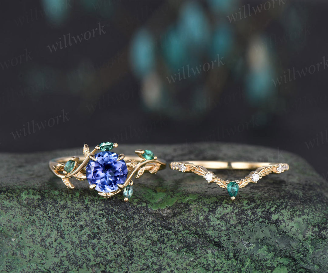 Vintage round cut tanzanite engagement ring solid yellow gold emerald leaf nature inspired moissanite bridal set promise wedding ring