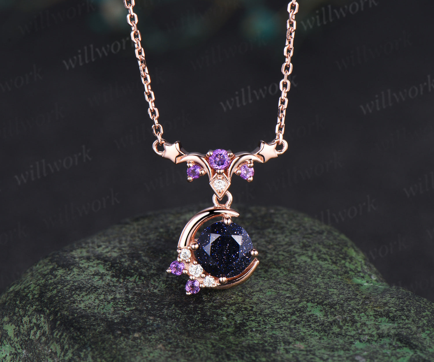 【CTHY】HIGH-END JEWELRY ORNAMENT Round blue sandstone moon stars necklace amethyst moissanite