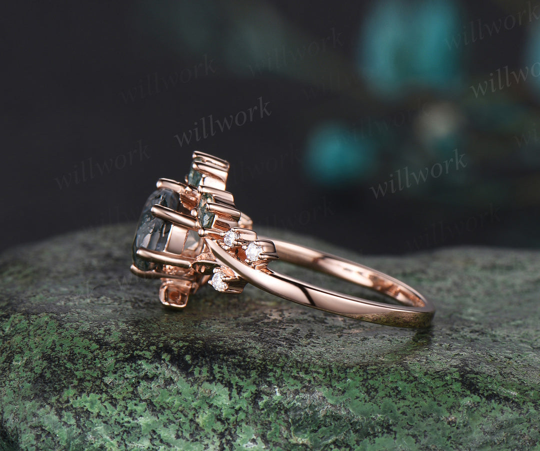 Unique Leaf Vine Moss Agate Engagement Ring Nature Inspired Twig Branch Wedding Ring 14k Rose Gold Moissanite Promise Ring Gifts