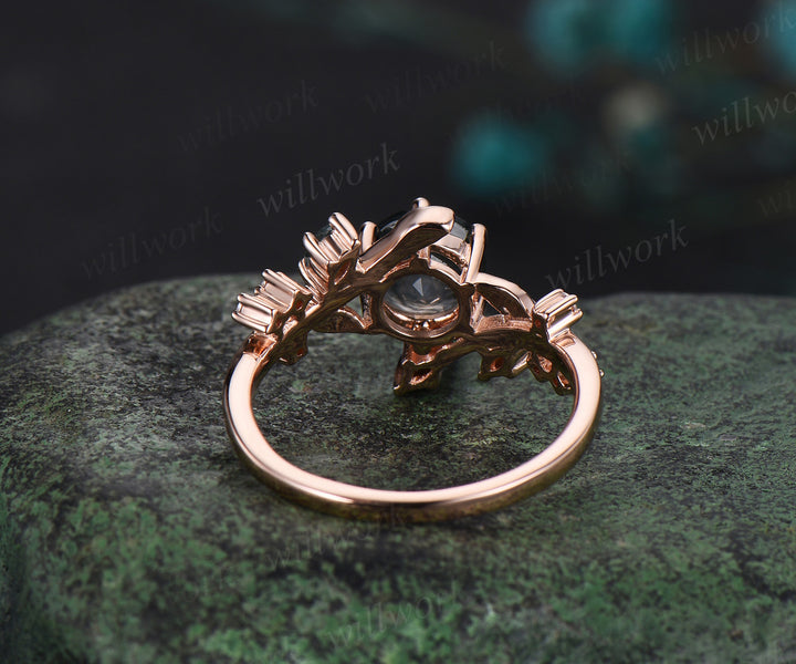 Unique Leaf Vine Moss Agate Engagement Ring Nature Inspired Twig Branch Wedding Ring 14k Rose Gold Moissanite Promise Ring Gifts