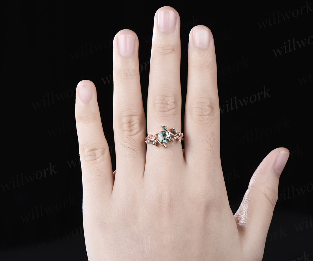 Unique Leaf Vine Moss Agate Engagement Ring Nature Inspired Twig Branch Wedding Ring 14k Rose Gold Moissanite Promise Ring Gifts