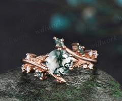 Unique Leaf Vine Moss Agate Engagement Ring Nature Inspired Twig Branch Wedding Ring 14k Rose Gold Moissanite Promise Ring Gifts