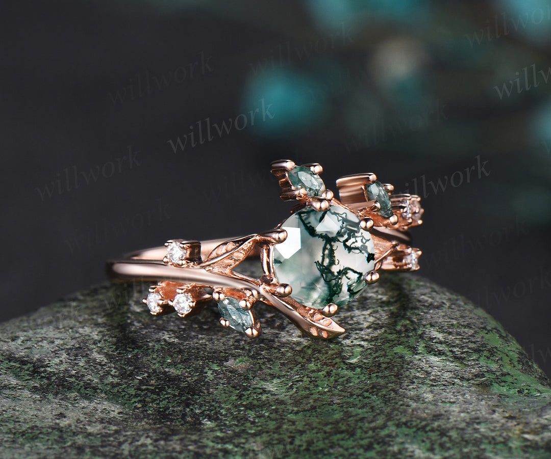 Unique Leaf Vine Moss Agate Engagement Ring Nature Inspired Twig Branch Wedding Ring 14k Rose Gold Moissanite Promise Ring Gifts