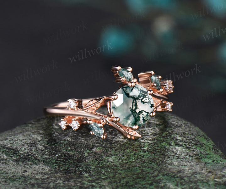 Unique Leaf Vine Moss Agate Engagement Ring Nature Inspired Twig Branch Wedding Ring 14k Rose Gold Moissanite Promise Ring Gifts