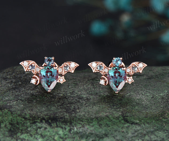 Vintage pear alexandrite stud earrings rose gold moon bat unique earrings June birthstone anniversary gift for women