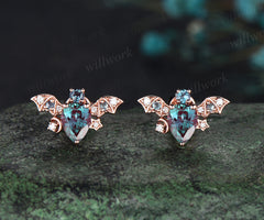 Vintage pear alexandrite stud earrings rose gold moon bat unique earrings June birthstone anniversary gift for women
