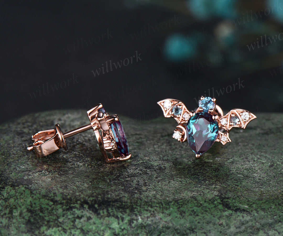 Vintage pear alexandrite stud earrings rose gold moon bat unique earrings June birthstone anniversary gift for women