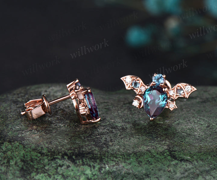 Vintage pear alexandrite stud earrings rose gold moon bat unique earrings June birthstone anniversary gift for women