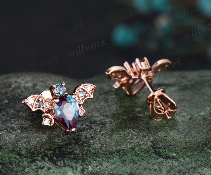 Vintage pear alexandrite stud earrings rose gold moon bat unique earrings June birthstone anniversary gift for women