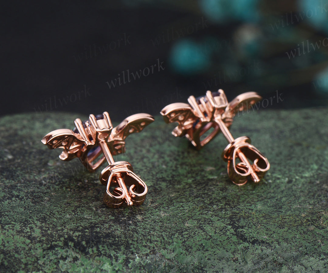 Vintage pear alexandrite stud earrings rose gold moon bat unique earrings June birthstone anniversary gift for women