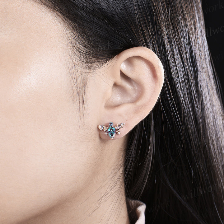 Vintage pear alexandrite stud earrings rose gold moon bat unique earrings June birthstone anniversary gift for women