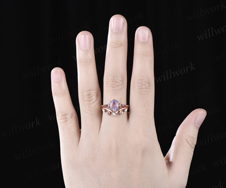 Oval cut Lavender Amethyst engagement ring rose gold moon five stone opal ring women anniversary wedding ring set