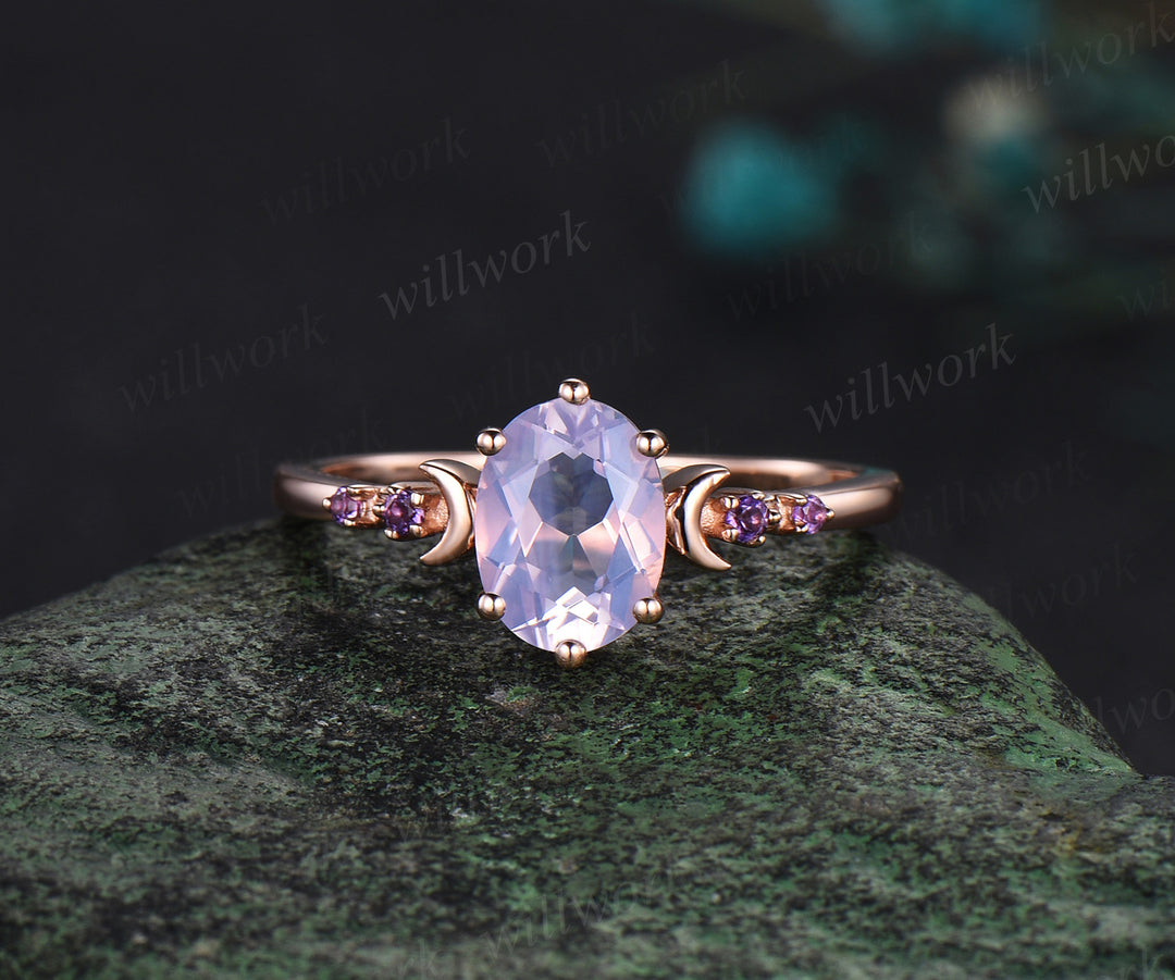 Oval cut Lavender Amethyst engagement ring rose gold moon five stone opal ring women anniversary wedding ring set