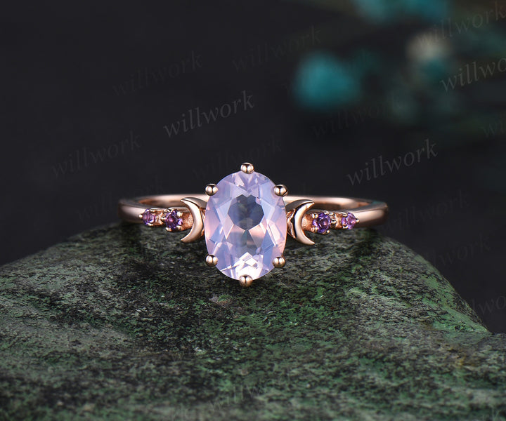 Oval cut Lavender Amethyst engagement ring rose gold moon five stone opal ring women anniversary wedding ring set