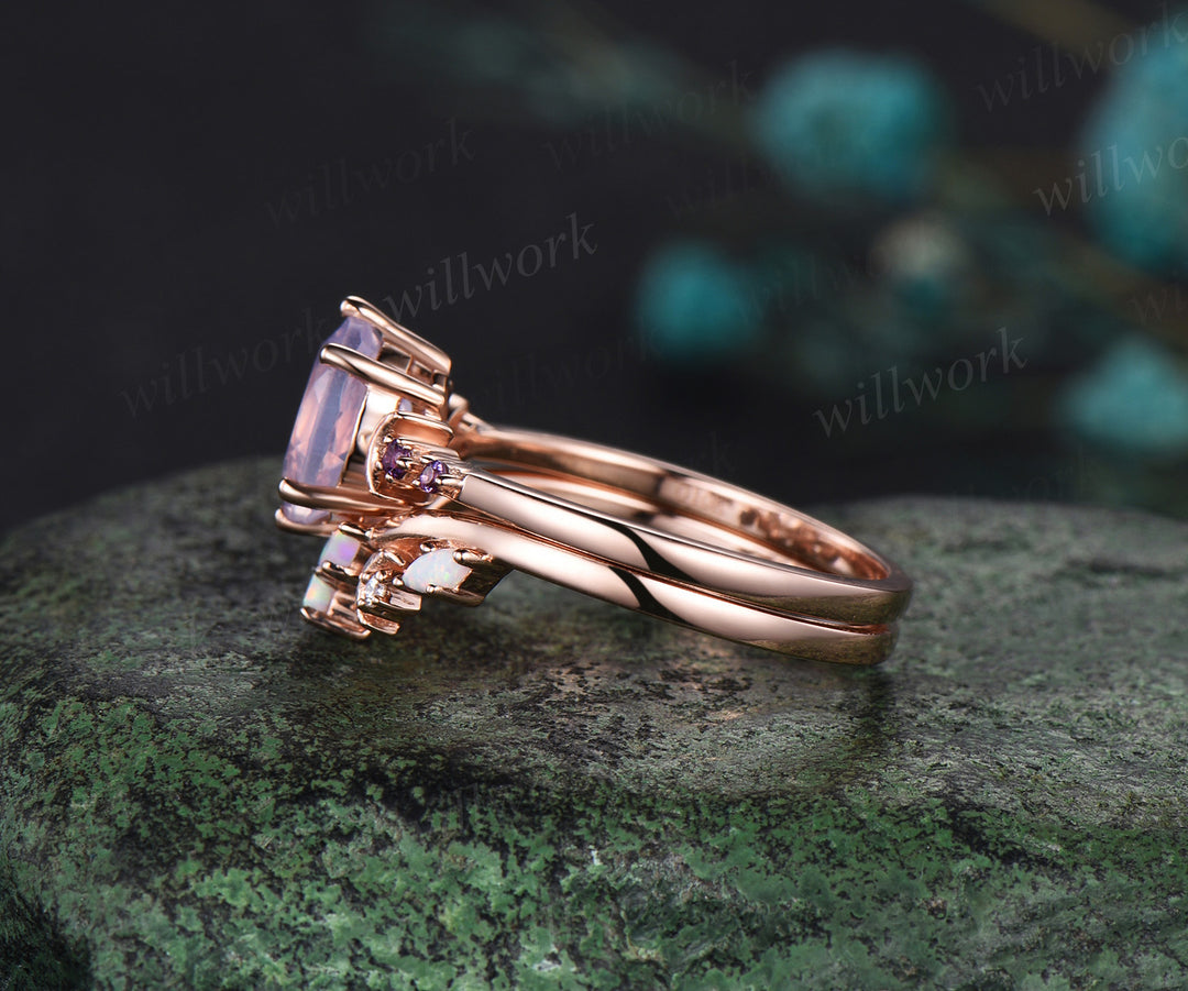 Oval cut Lavender Amethyst engagement ring rose gold moon five stone opal ring women anniversary wedding ring set