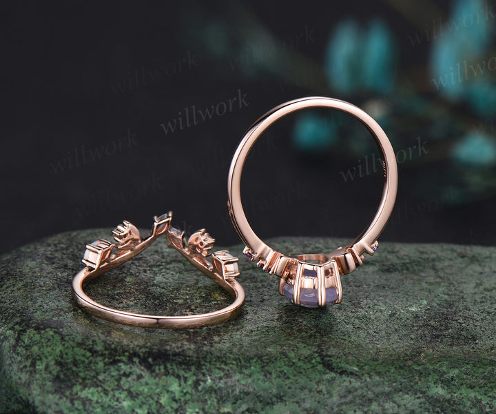 Oval cut Lavender Amethyst engagement ring rose gold moon five stone opal ring women anniversary wedding ring set