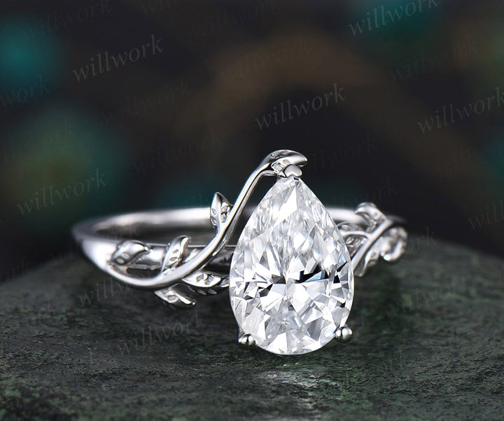 2ct Solitaire Pear shaped IGI lab-grown diamond engagement ring 14k white gold branches leaf Leaves twig nature inspired ring twisted promise wedding ring women