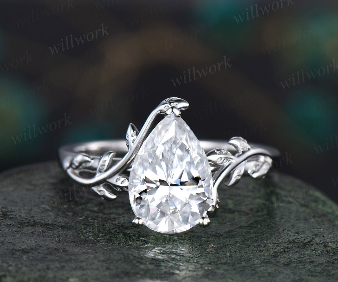 2ct Solitaire Pear shaped IGI lab-grown diamond engagement ring 14k white gold branches leaf Leaves twig nature inspired ring twisted promise wedding ring women