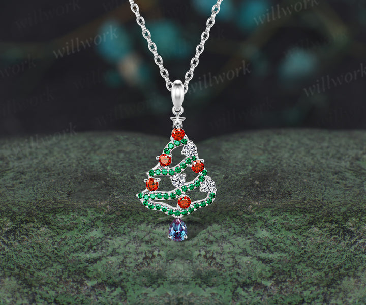 Pear Cut Alexandrite Necklace Ruby Emerald Moissanite Christmas Tree Pendant Xmas Gift for Women