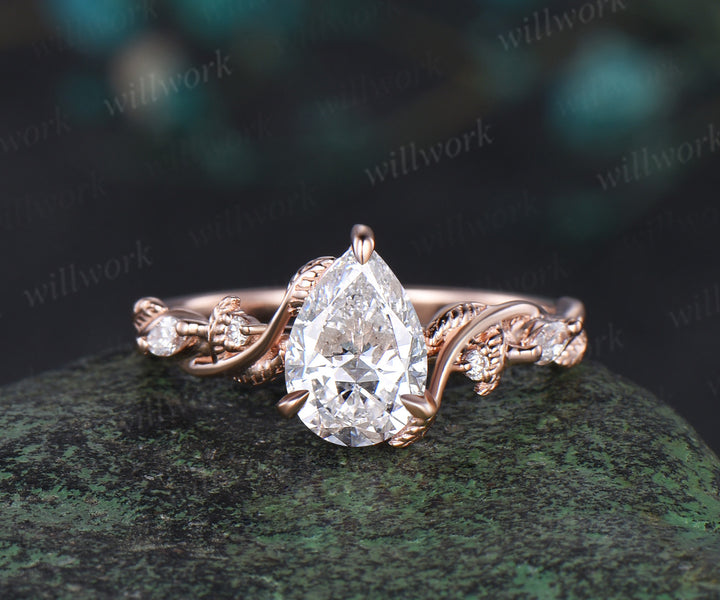 Pear shaped IGI Lab grown diamond engagement ring set rose gold branch leaf ring set antique promise wedding ring set women