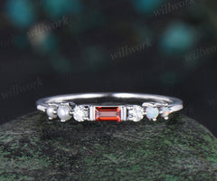 Dainty Baguette cut red garnet wedding band white gold 7 stone pearl opal Minimalist Multi-Stone Ring anniversary ring women gift
