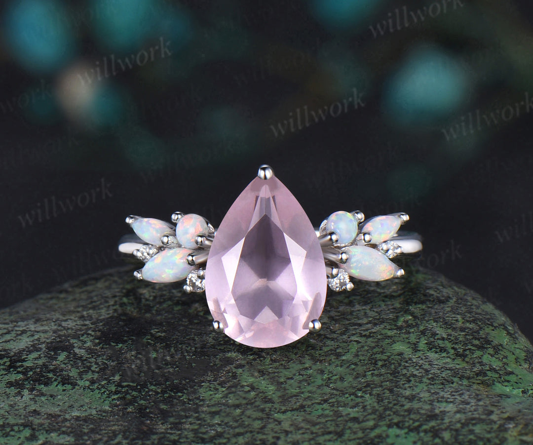 Pear shaped rose quartz engagement ring rose gold cluster opal ring women pink gemstone anniversary ring gift