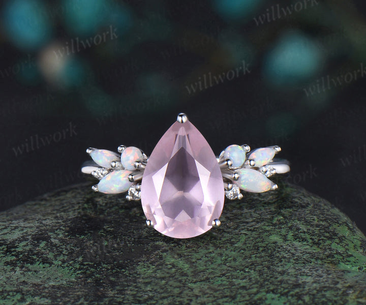Pear shaped rose quartz engagement ring rose gold cluster opal ring women pink gemstone anniversary ring gift