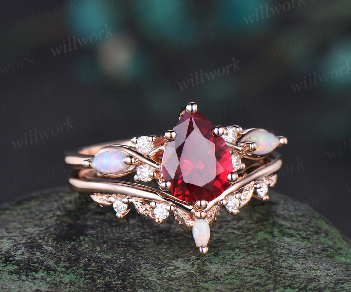 Vintage Pear Cut Ruby Engagement Ring Set 14k Rose Gold Red Gemstone July Birthstone Ruby Ring Opal Leaf Wedding Band 2pcs Bridal Ring Set