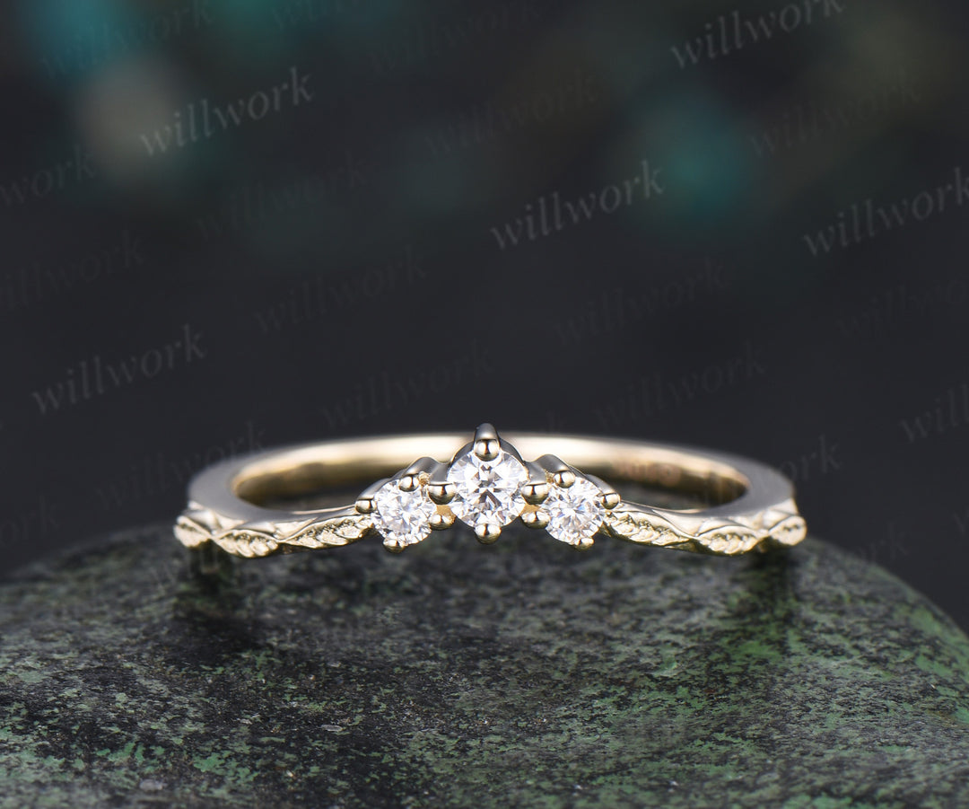 Minimalist curved diamonds wedding band leaf band enhancer unique stackable ring bridal gifts