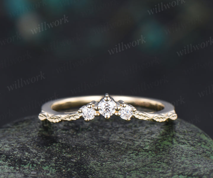 Minimalist curved diamonds wedding band leaf band enhancer unique stackable ring bridal gifts