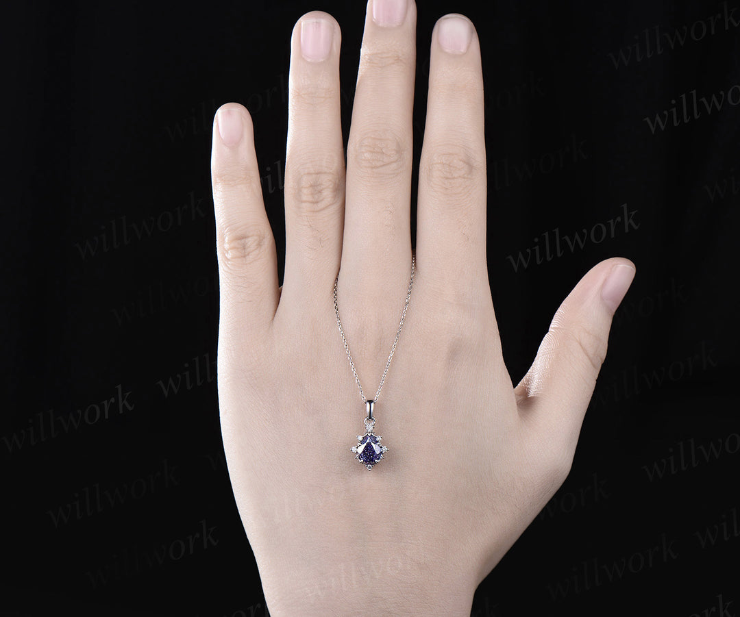 Pear shaped blue sandstone necklace solid 14k white gold dainty cluster diamond blue goldstone pendant women anniversary gift