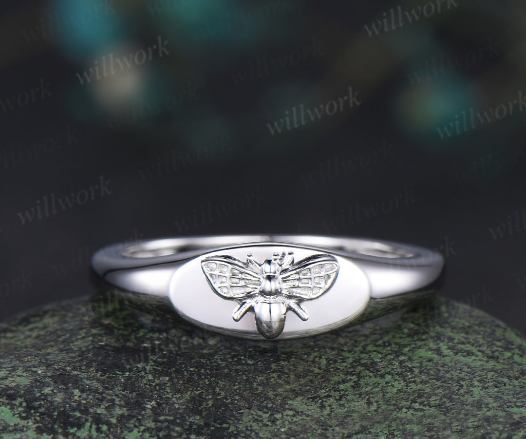 Honey bee signet ring solid 14k white gold ring bumblebee statement ring comfort fit jewelry gifts
