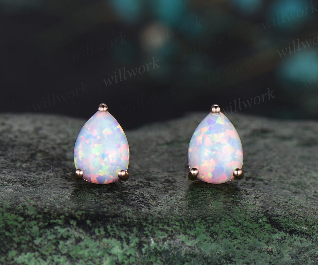 Pear shaped white opal earrings solid 14k rose gold Solitaire drop earrings women anniversary gift for her