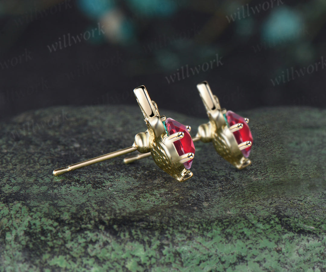 Christmas Deer Round Ruby Earrings 14k Yellow gold Emerald Earrings Jewelry Xmas Gift for Her