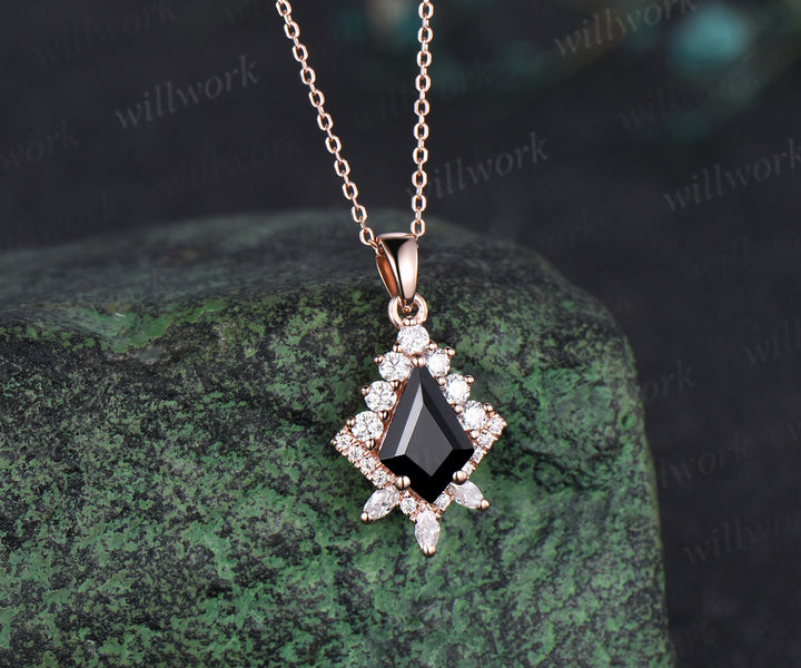 Kite cut black Onyx necklace solid 14k 18k rose gold vintage unique halo diamond  pendant for women her art deco anniversary gift mother